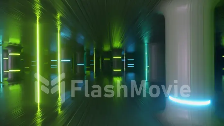 Fly through a futuristic corridor along neon glass pillars and columns. Modern ultraviolet neon glow. 3d illustration