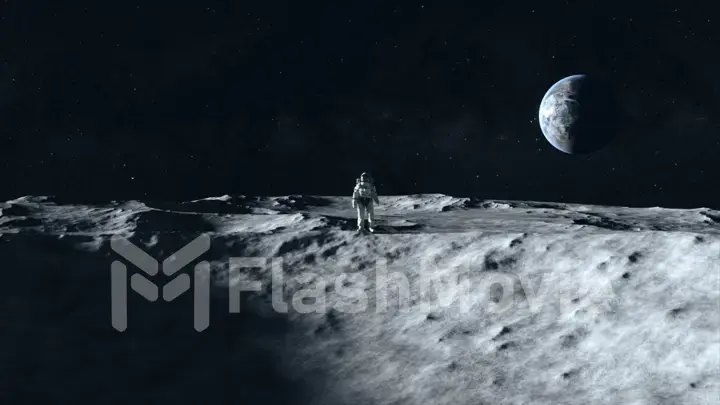 An astronaut stands on the surface of the moon among craters against the backdrop of the planet earth. Outer space. Ultra realistic 3d illustration