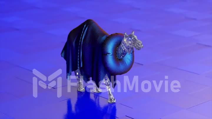 A diamond camel in a shiny blue cape and an inflatable life buoy around his neck strides across the tiled floor.