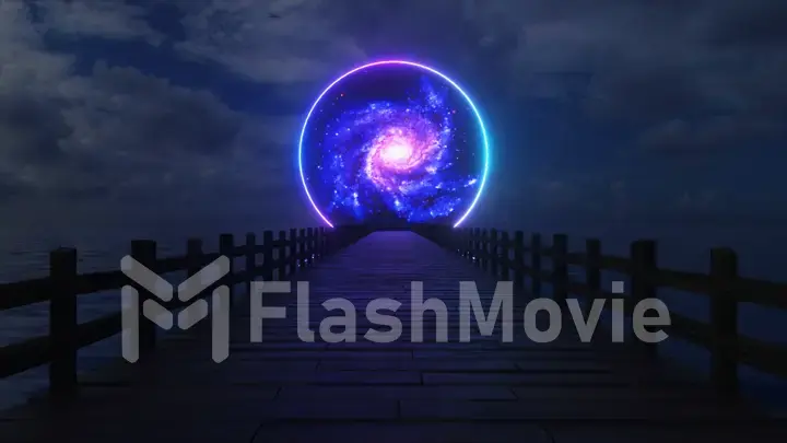 Flying along the endless wooden bridge across the ocean to his dream. Space circle with neon lighting ahead. 3D illustration