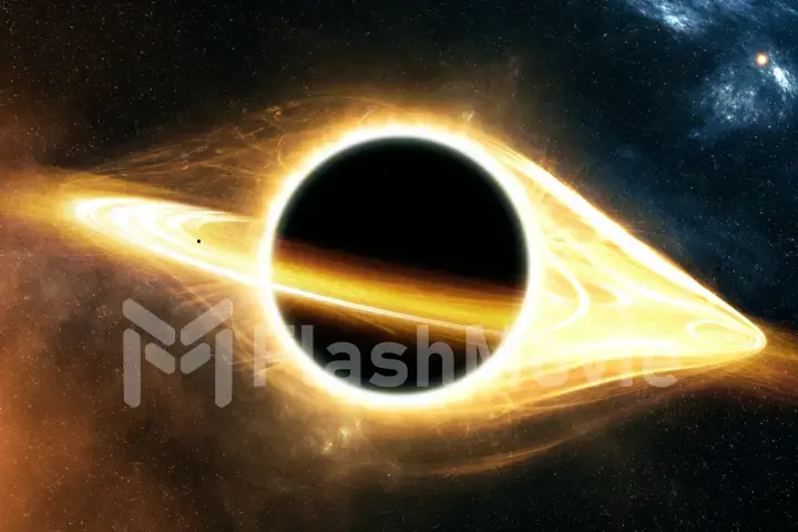 Light around a black hole in space and a planet that tightens into a black hole 3d illustration