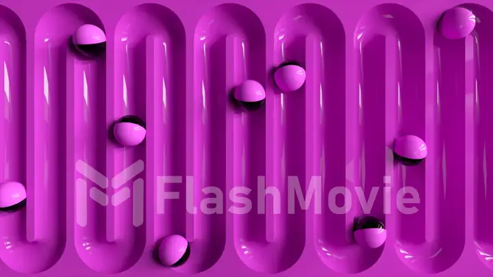 Bright colorful background with rolling balls along the paths. Plastic ball rolling in geometry deepening. 3d illustration