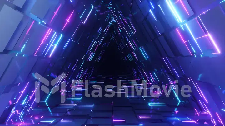 Abstract neon triangle tunnel technological. Endless animated background. Modern neon light. Bright neon lines. Seamless loop 3d render