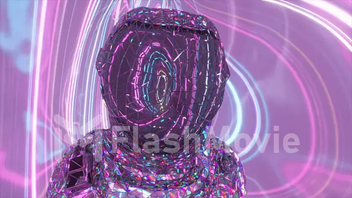 The concept of space. Astronaut in a diamond suit on a background of pink and blue glowing neon lines. 3d illustration