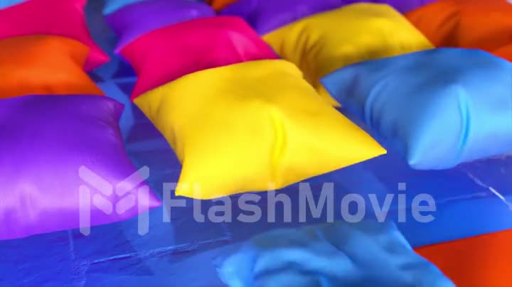 Close-up. Purple, yellow, orange, blue pillows inflate. Pillows float above the floor. 3d animation of a seamless loop