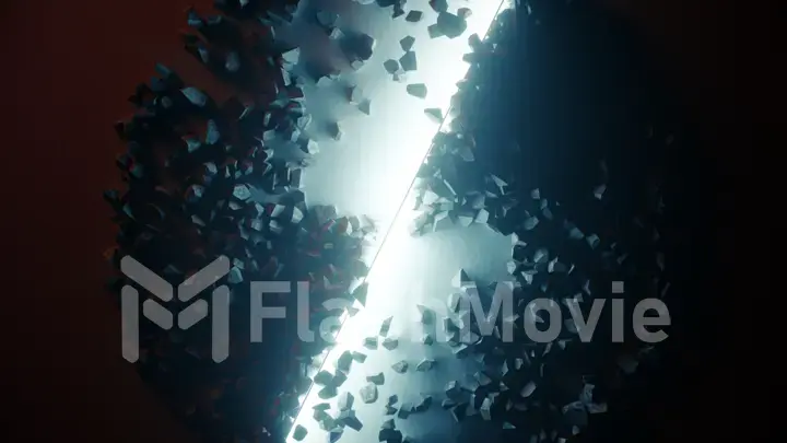 large stone cube explodes and disintegrates into hundreds of small pieces. Rotating light. Top view 3d illustration