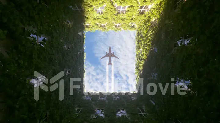 Flying airplane at sunset over a building with vegetation. Business and tourism concept. 3d illustration