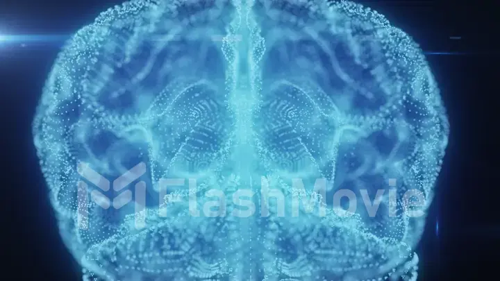 Rotating hologram of human brain, human brain formed from luminous glowing light particles spinning 3d illustration