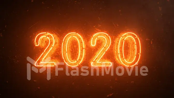 2020 fire orange neon sign background new year concept. Happy New Year. Brick background. Flicker light. 3d illustration