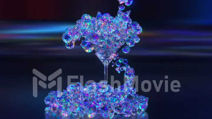Diamond ice falls into a martini glass and spills over the rim onto the table. Lots of diamonds. Blue neon. Glass goblet