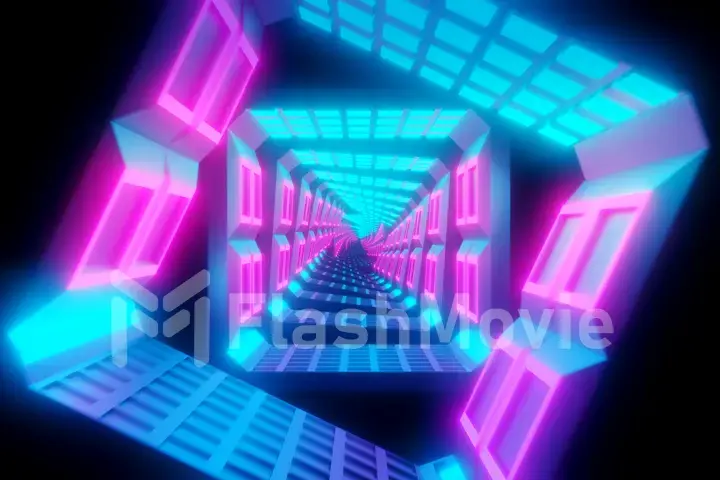 Flying through glowing spinning neon squares creating a tunnel, blue red pink violet spectrum, fluorescent ultraviolet light, modern colorful lighting, 3d illustration