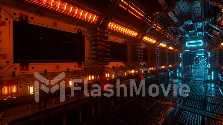 Flying into spaceship tunnel, sci-fi spaceship corridor. Futuristic technology for technical titles and backgrounds. Internet traffic graphics, speed. 33d illustration