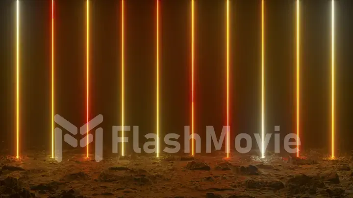 Vertical neon rays shine upward against a dark wall. Night club. Orange yellow color. Earthen floor. 3d illustration