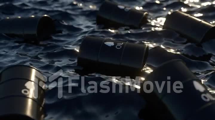 The concept of oil. The embargo. Empty oil barrels float in a sea of oil. An environmental disaster. 3d animation
