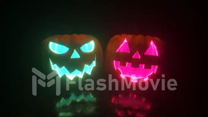 Halloween, two pumpkins with a scary face glow from the inside in two different colors. Bright neon lighting. 3d illustration