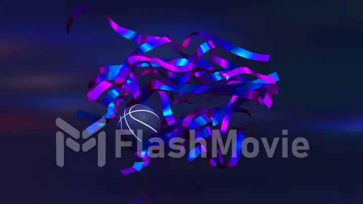 Cluster of blue purple neon ribbons. A blue basketball flies through the ribbons. Slow motion. Abstract background.