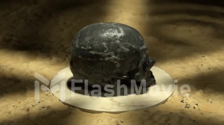 The black marble skull rotates and flips on a white platform in sand. 3d animation of seamless loop