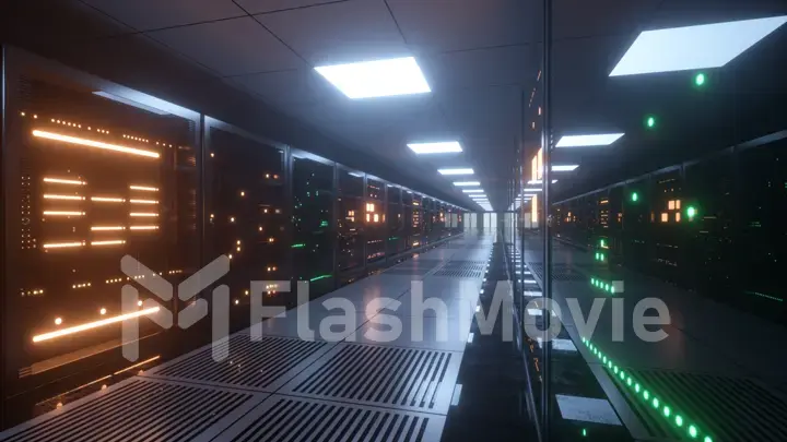 Big data servers. Data Solutions. Server room with working flickering panels behind the glass. Data center and internet. 3d illustration