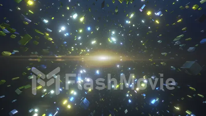 Abstract background. Flying rectangular particles in space reflect neon light. X form. Geometric figures. Blue color