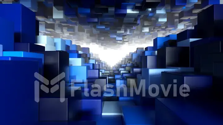 Abstract geometric tunnel made of blue cubes with random movement. 3d illustration