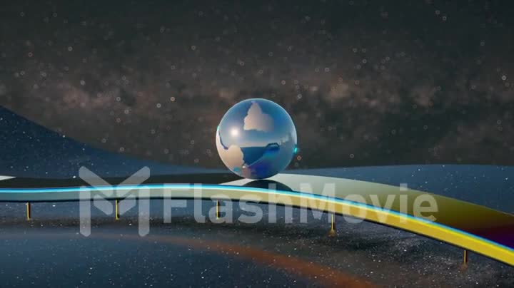 The glass ball of the planet earth smoothly rolls along the wave chrome surface against the background of space, a space concept. 3d Seamless Loop animation
