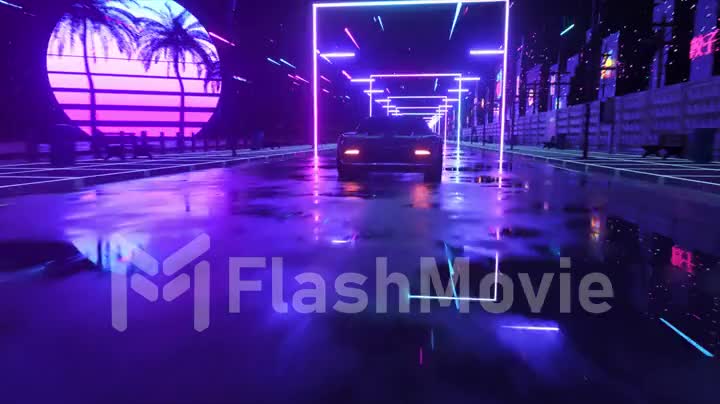 Car and city in neon cyberpunk style. 80s retrowave background 3d animation. Retro futuristic car drive through neon city.