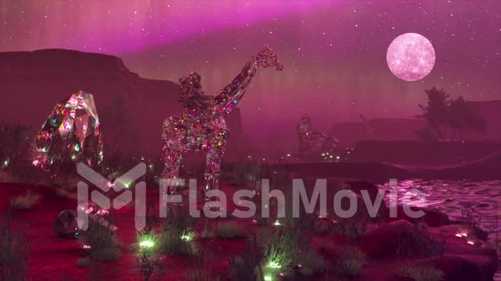 Diamond astronaut riding a giraffe stands near a pond. Purple neon color. Moon in the night sky. Video. 3d animation.