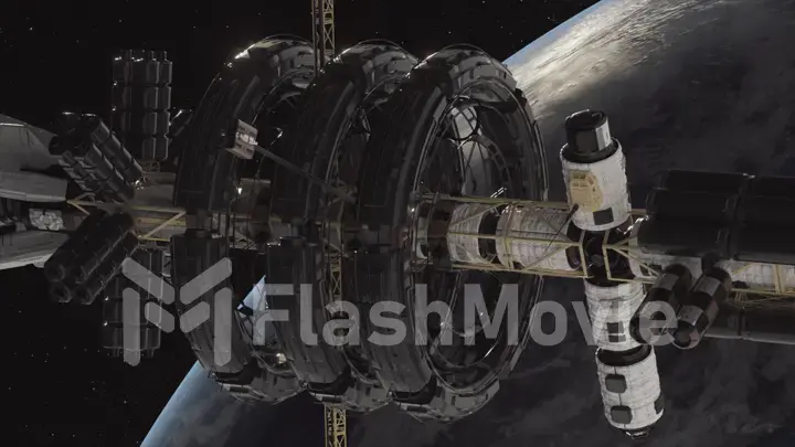 Space station in Earth orbit. ISS. NASA. Space conquest. A view of the Earth and a spaceship. 3d render