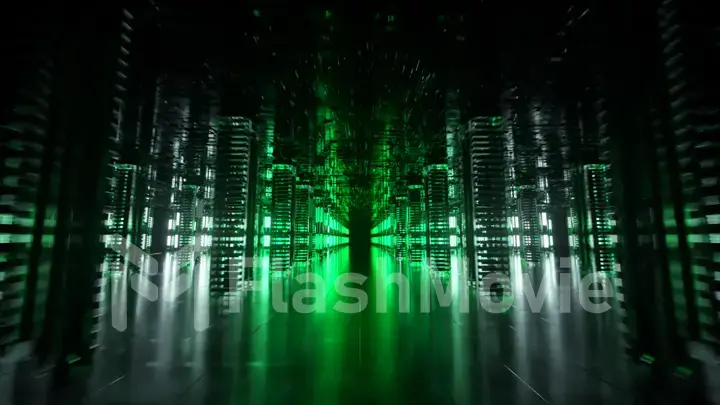 A long futuristic corridor with a technological interior. Neon light moving rapidly from the end of the tunnel. Sci fi room. Seamless loop 3d animation