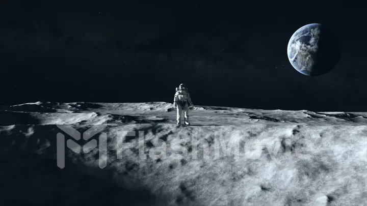 An astronaut stands on the surface of the moon among craters against the backdrop of the planet earth. Outer space. Ultra realistic 3d illustration