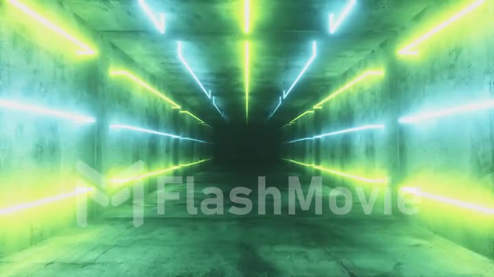 Flying in an abstract blue and green futuristic interior. Corridor with neon luminous fluorescent lamps turned on. Futuristic architecture background. Box with a concrete wall. Seamless loop 3d render