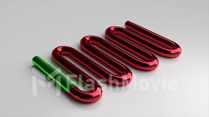 The red serpentine turns green. Technology. Metal pipe. Blue background. Light background. 3d animation