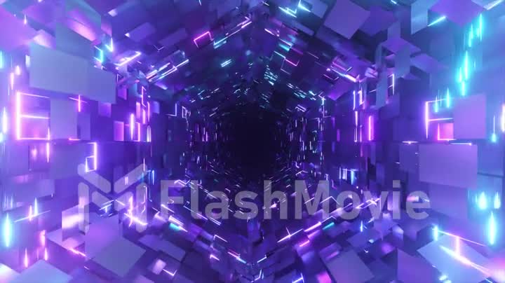 Flying inside a neon hexagonal tunnel vr animation. Background futuristic animation. Chaotic distribution of polygons. Seamless loop animation.