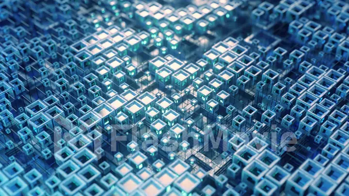 3d illustration of colorful glass rows of cubes floating through the prog in 4K, creating an abstract graphic background technology texture. 3d illustration