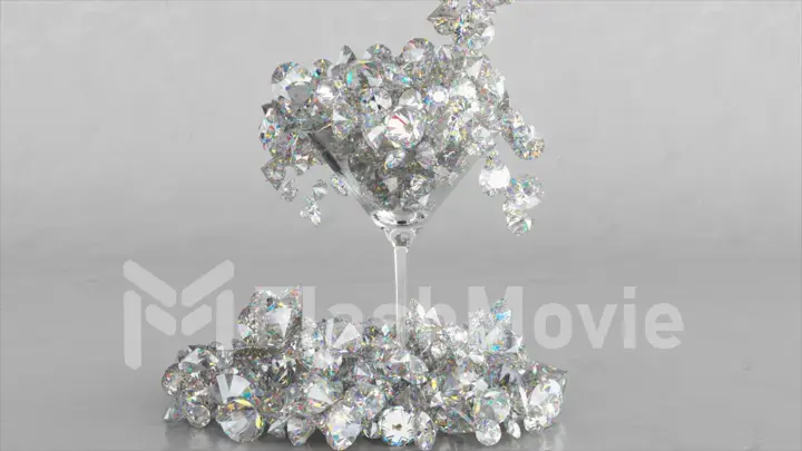 Abstract concept. Diamond ice falls into a martini glass and spills over the rim onto the table. Lots of diamonds