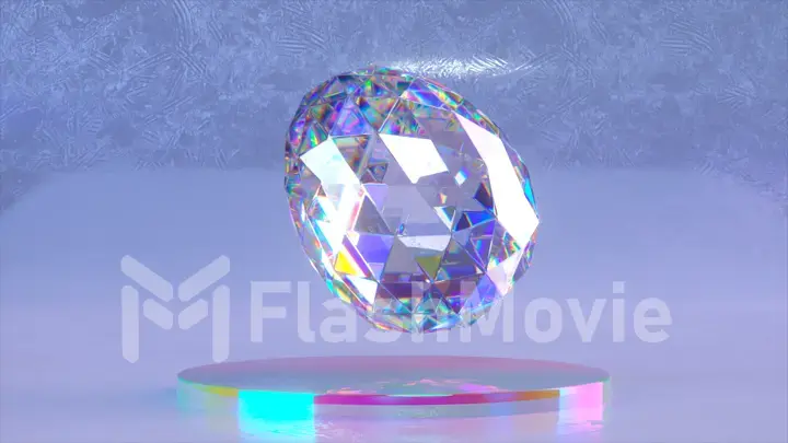 Abstract. blue background. A diamond egg floats in the air above a glass platform. Large gem in the shape of an egg.