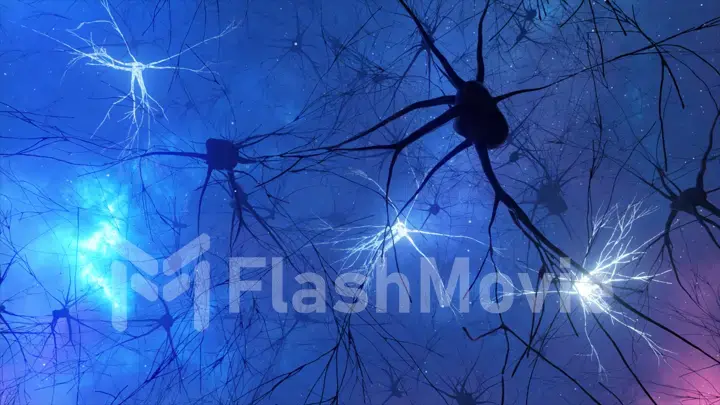 3d illustration of the activity of neurons and synapses. Neural connections in outer space, radioactivity, neurotransmitters, brain, axons. Electrical impulses transmitting signals. Mind concept.