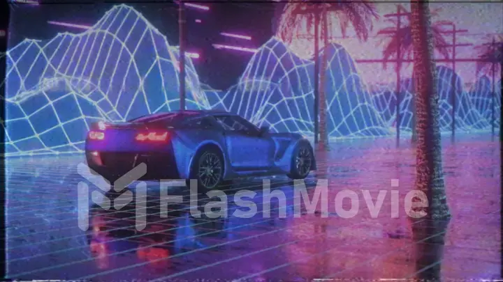 80s retro background 3d illustration with VHS effect. Futuristic car drive through neon abstract space. Retrowave
