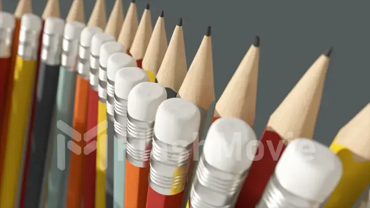Abstract concept. Colored pencils are in a row. Conveyor movement. Office stationery is organized. Eraser on a pencil