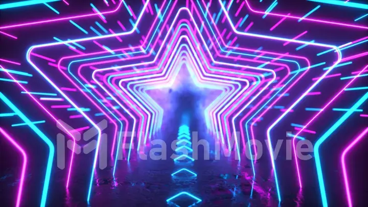 Abstract neon background. Neon stars and lines move through space. Reflection. Futuristic background. Neon traffic. 3d illustration