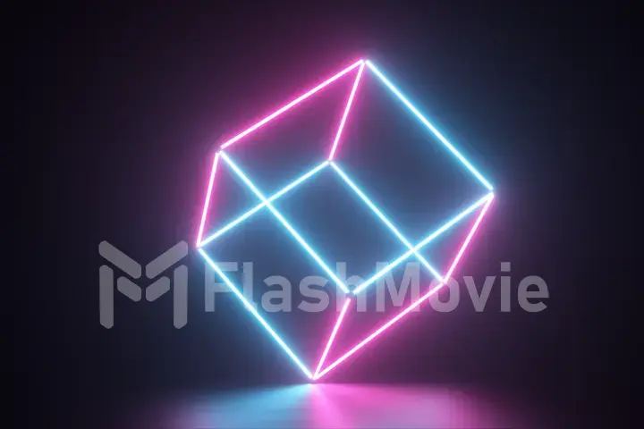 Abstract glowing neon lines creating a cube, blue red spectrum, fluorescent ultraviolet light, modern colorful lighting, 3d illustration