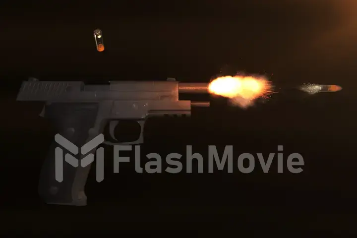 Realistic 3d illustration of a pistol shot and a bullet flight