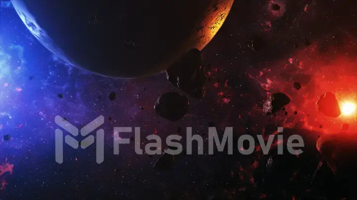 A beautiful colorful space with asteroids with sounds and a planet 3d illustration