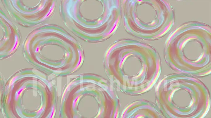 Transparent inflatable rings fly, repel and gather together. Bubble rainbow. Ease. Pearl. 3d illustration