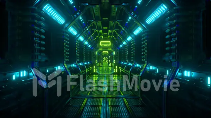 Flying in a spaceship tunnel, a sci-fi shuttle corridor. Futuristic abstract technology. Technology and future concept. Flashing light. 3d illustration