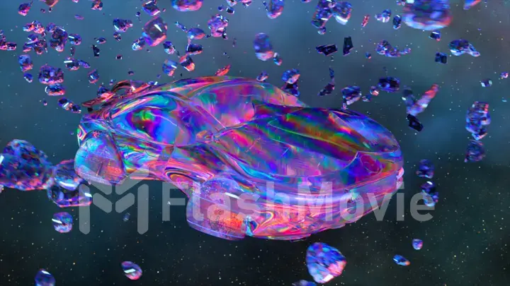 Flying diamond space vehicle flies through a cluster of diamond asteroids. Blue neon color. Sports car.