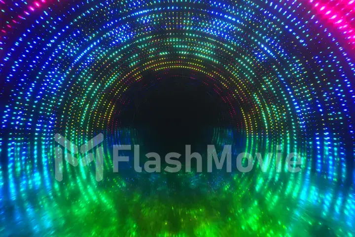 Bright light tunnel of luminous multi-colored dots and a reflective metal scratched texture floor. Light tunnel stage for your video backgrounds, concert visual performance. 3d illustration