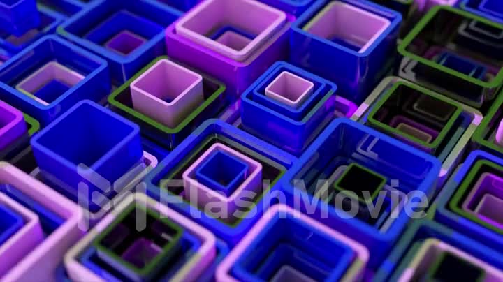 Colored square tubes go up and down. Abstraction. Blue purple color. 3d animation of a seamless loop.