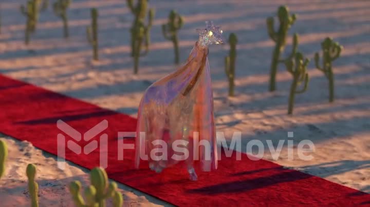An elegant diamond giraffe in a sparkling robe walks the red carpet. Fashion. Demonstration of clothes. 3d animation