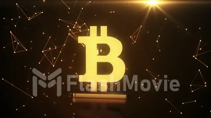 Golden symbol of bitcoin, new virtual money on various digital background, 3D illustration